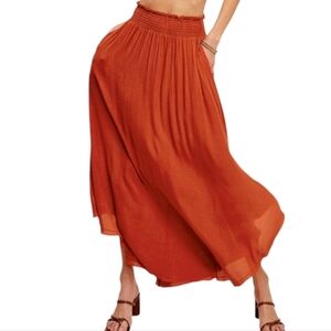 New Boho Smocked Waist Gauze Midi Maxi Skirt Pockets